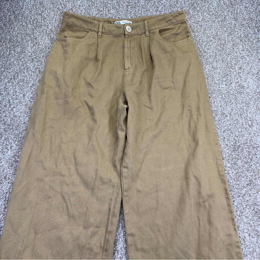 Zara Camel Wide Led Pants Womens size L Pleated - Picture 3 of 14